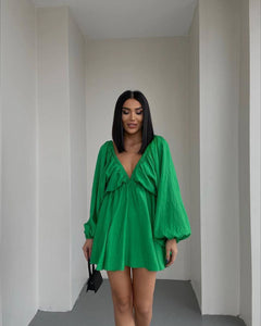 Truffled Olive Green Deep V Lantern Sleeve Mini Dress