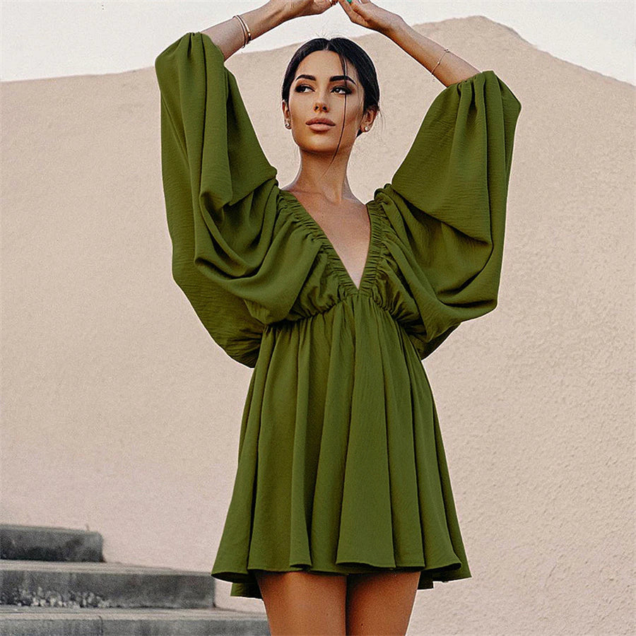 Truffled Olive Green Deep V Lantern Sleeve Mini Dress