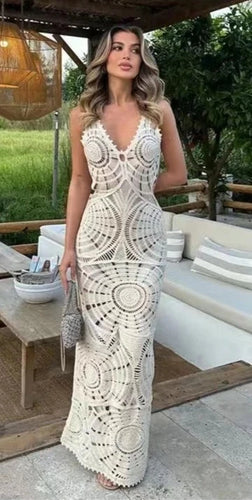 Mosaic Beige Crochet Sleeveless Maxi Dress