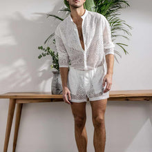 Load image into Gallery viewer, Men&#39;s White Hollow Long Sleeve Button Down Shirt &amp; Shorts Set