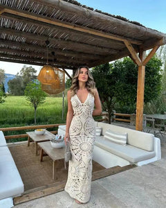 Mosaic Beige Crochet Sleeveless Maxi Dress