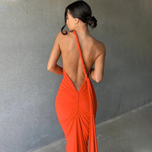 Egyptian Goddess Red Backless Ruched Maxi Dress