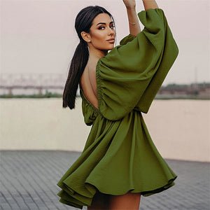 Truffled Olive Green Deep V Lantern Sleeve Mini Dress