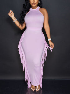 Modern Fringe Pink Halter Sleeveless Maxi Dress