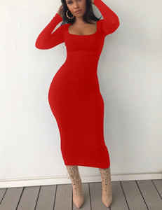 Body Curve Red Knit Long Sleeve Midi Dress