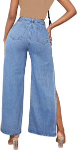 High Waist Light Denim Wide Leg Slit Style Jeans