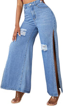 Load image into Gallery viewer, High Waist Light Denim Wide Leg Slit Style Jeans
