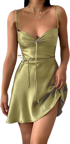 Olive Green Soft Satin Draped Criss Cross Mini Dress