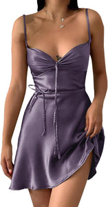 Purple Soft Satin Draped Criss Cross Mini Dress