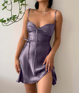 Olive Green Soft Satin Draped Criss Cross Mini Dress