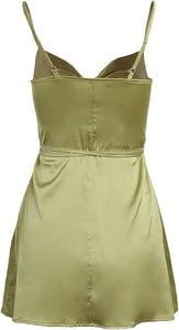 Olive Green Soft Satin Draped Criss Cross Mini Dress