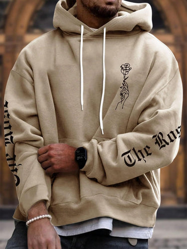 Men's Khaki Rose Long Sleeve Hoodie Pull Over Sweatshirt