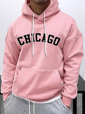 Men's Pink Chicago Long Sleeve Hoodie Pull Over Sweatshirt