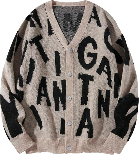 Men's Beige Black Letter Print Knit Button Cardigan Sweater