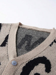 Men's Beige Black Letter Print Knit Button Cardigan Sweater