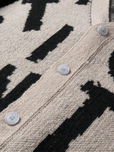 Men's Beige Black Letter Print Knit Button Cardigan Sweater