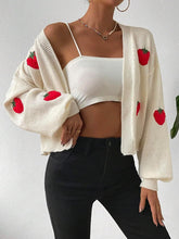Load image into Gallery viewer, Comfy White Strawberry Long Sleeve Ribbed Knit Cropped Cardigan Sweater