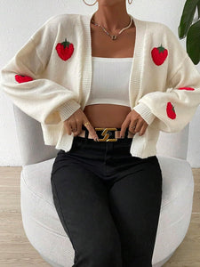 Comfy White Strawberry Long Sleeve Ribbed Knit Cropped Cardigan Sweater