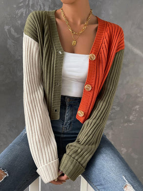 Comfy Orange/Green Open Long Sleeve Ribbed Knit Cropped Cardigan Sweater