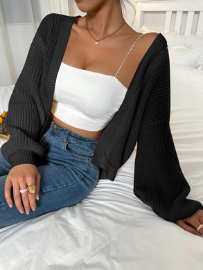 Comfy Black Long Sleeve Ribbed Knit Cropped Cardigan Sweater