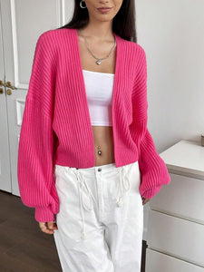 Comfy White Strawberry Long Sleeve Ribbed Knit Cropped Cardigan Sweater