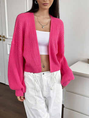 Comfy Pink Long Sleeve Ribbed Knit Cropped Cardigan Sweater