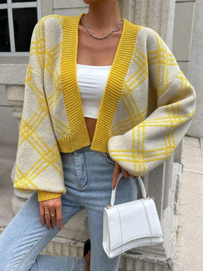 Comfy Yellow/Gray Long Sleeve Ribbed Knit Cropped Cardigan Sweater