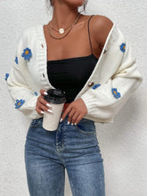 Load image into Gallery viewer, Comfy White Strawberry Long Sleeve Ribbed Knit Cropped Cardigan Sweater