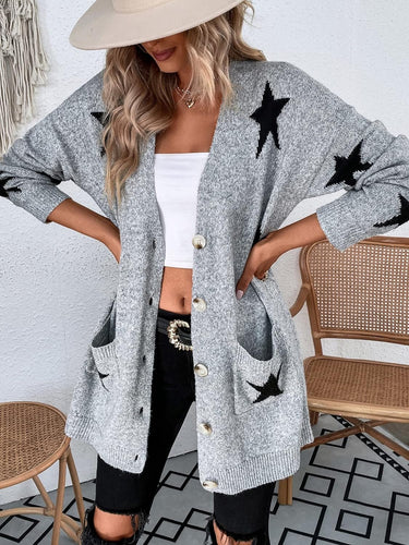 Soft Grey Knit Star Printed Long Sleeve Cardigan