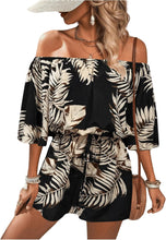 Load image into Gallery viewer, Tropical Orange Off Shoulder Shorts Romper