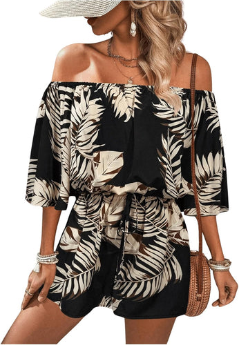 Tropical Black Off Shoulder Shorts Romper