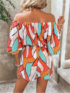 Tropical Orange Off Shoulder Shorts Romper