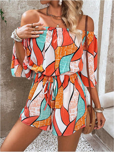 Tropical Orange Off Shoulder Shorts Romper