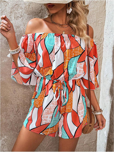 Tropical Orange Off Shoulder Shorts Romper