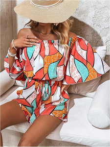 Tropical Orange Off Shoulder Shorts Romper