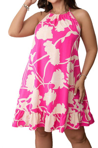 Plus Size Floral Pink Halter Sleeveless Dress