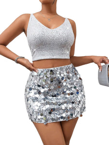 Glitter Sparkle Sequin Silver Mini Skirt