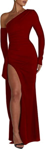 Asymmetrical Goddess Burgundy Red One Shoulder Sleeve Maxi Dress