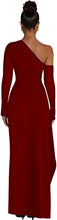 Load image into Gallery viewer, Asymmetrical Goddess Burgundy Red One Shoulder Sleeve Maxi Dress
