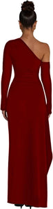 Asymmetrical Goddess Burgundy Red One Shoulder Sleeve Maxi Dress