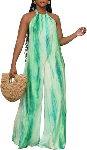 Tropical Green Halter Wide Leg Sleeveless Jumpsuit