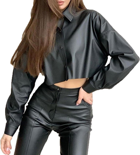 Black Faux Leather Long Sleeve Cropped Jacket