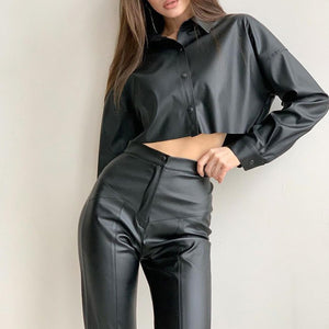 Black Faux Leather Long Sleeve Cropped Jacket