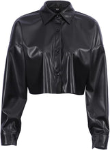 Load image into Gallery viewer, Black Faux Leather Long Sleeve Cropped Jacket