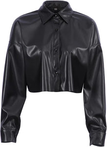 Black Faux Leather Long Sleeve Cropped Jacket