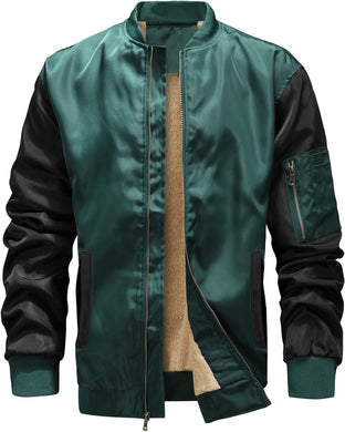 Men's Sherpa Lined Emerald Green/Grey Windproof Bomber Jacket