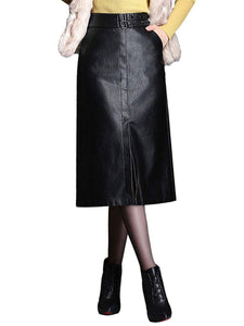 Black A Line Faux Leather Midi Skirt