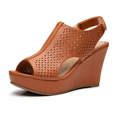 Chic Brown Open Toe Preforated Wedge Sandals