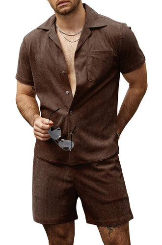 Men's Brown Short Sleeve Corduroy Shorts Set