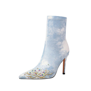 Rhinestone Embroidered Denim Pink Zipper Ankle Boots